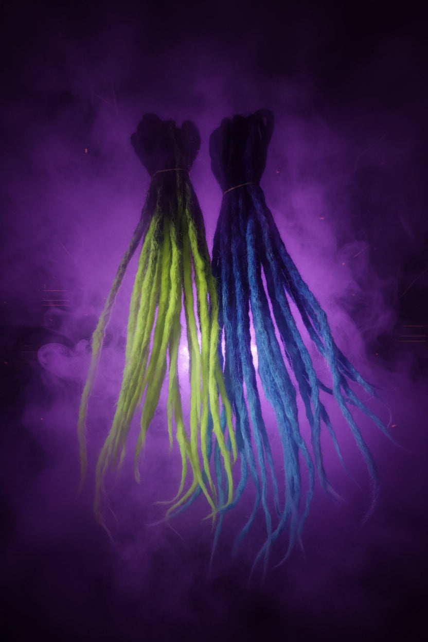 Two bundles of synthetic dreadlocks with ombre dye gradients, one transitioning from black to blue, and the other from black to neon yellow-green, held against a misty purple background.